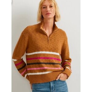 Eddie Bauer 1/4 Zip Striped Sweater 2XL Tan Cotton Boxy Mock Neck Relaxed Preppy